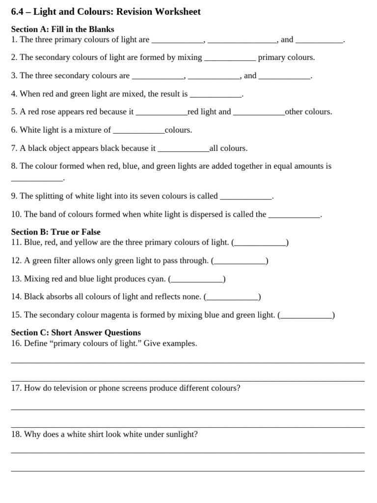 6.4 - Light and Colours - Revision Worksheet | PDF | Color | Blue