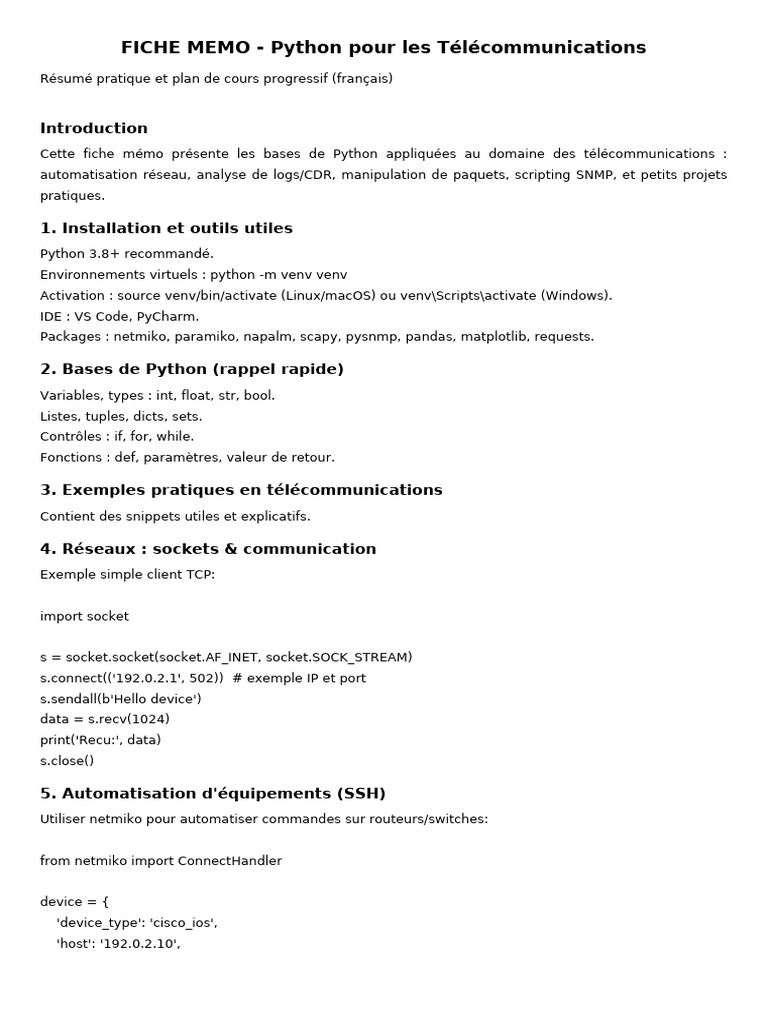 Fiche Memo Python Telecom | PDF | Python (Langage de programmation ...