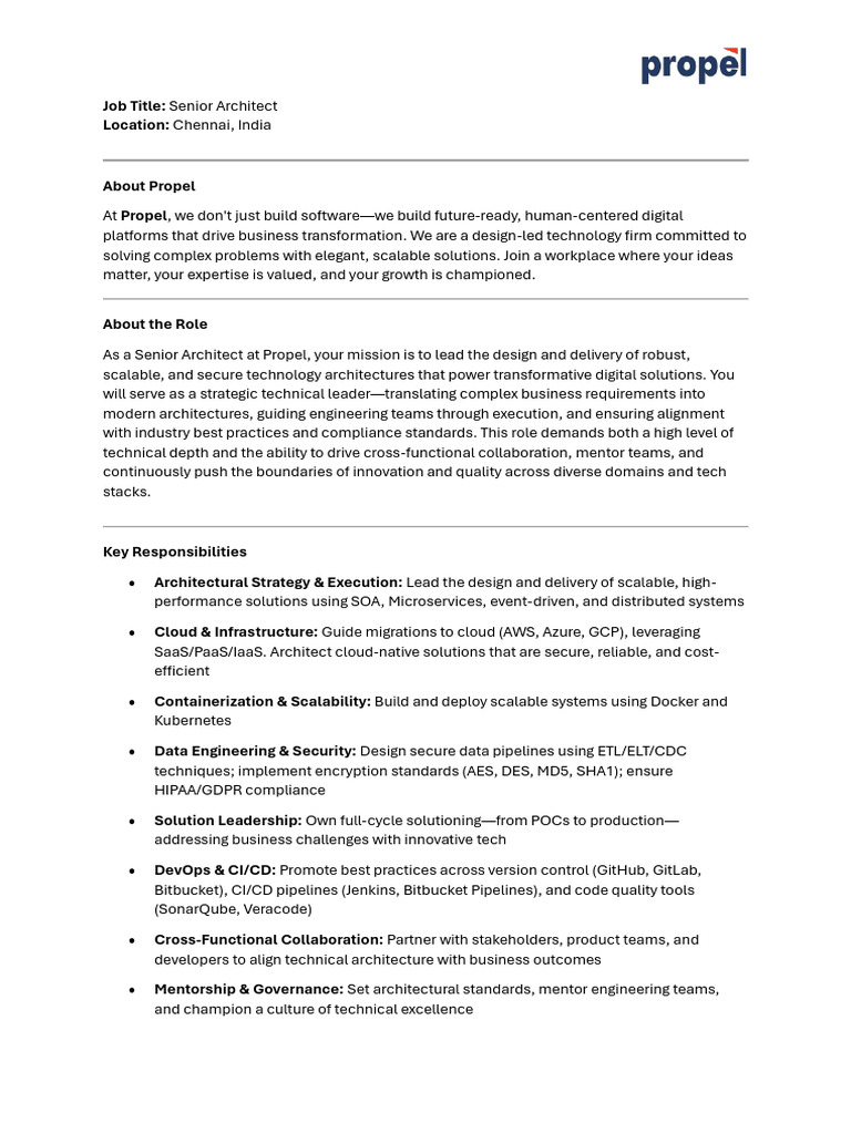 JD Senior Architect Chennai | PDF | Cloud Computing | Mentorship