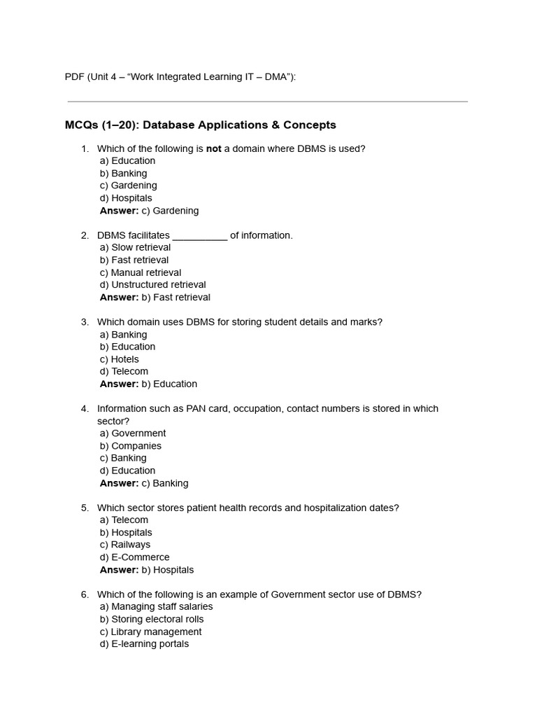 PDF (Unit 4 – “Work Integrated Learning IT – DMA”) | PDF | Databases ...