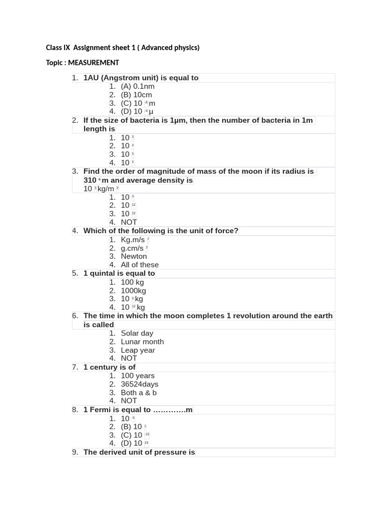 Worksheet 1- Measurements- Class Ix | PDF | Astronomical Unit | Moon