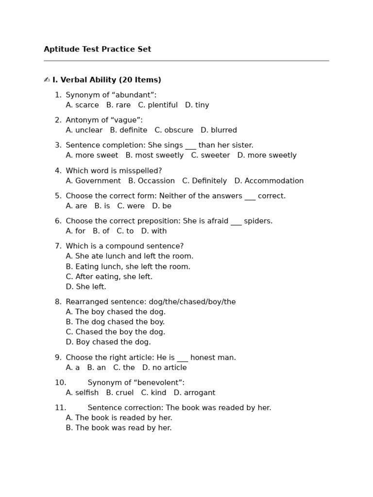 Aptitude Test Practice Set | PDF | Grammar | Syntax