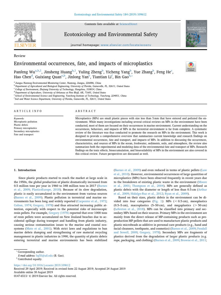 Environmental Occurrences, Fate, And Impacts of Microplastics | PDF ...