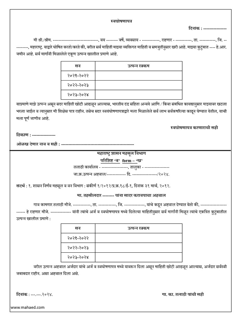 Talathi Income Certificate Application Form | PDF