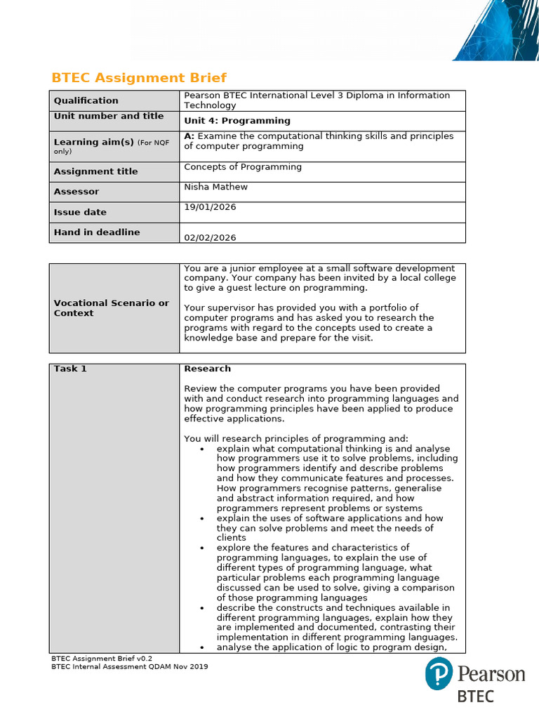 Assignment Brief_Unit 4_Programming_Learning Aim a (1) | PDF | Software ...