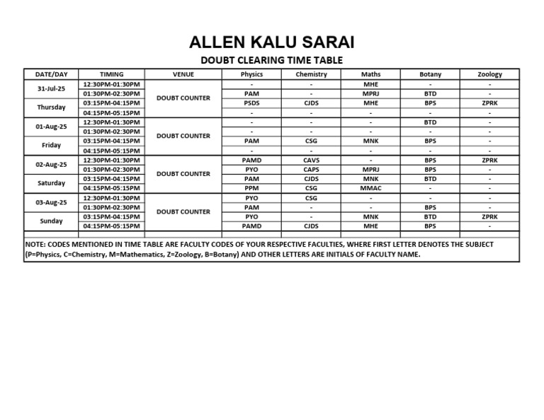 Doubt Clearing Time Table (31 July-03 August 2025) | PDF