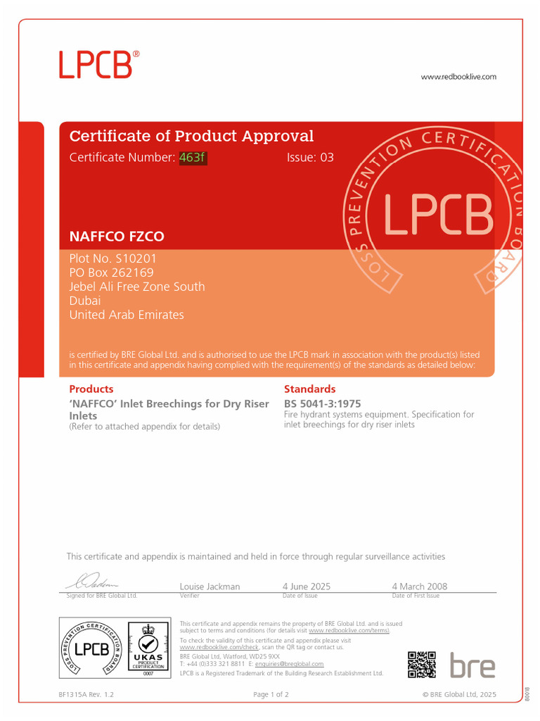 4 Way Breeching Inlet LPCB Certificate | PDF