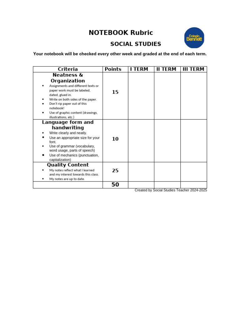 Notebook Grading Rubric - Social Studies | PDF