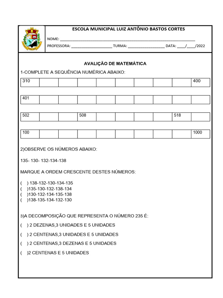 587223690 Avaliacao de Matematica 3 Ano Ensino Fundamental | PDF ...
