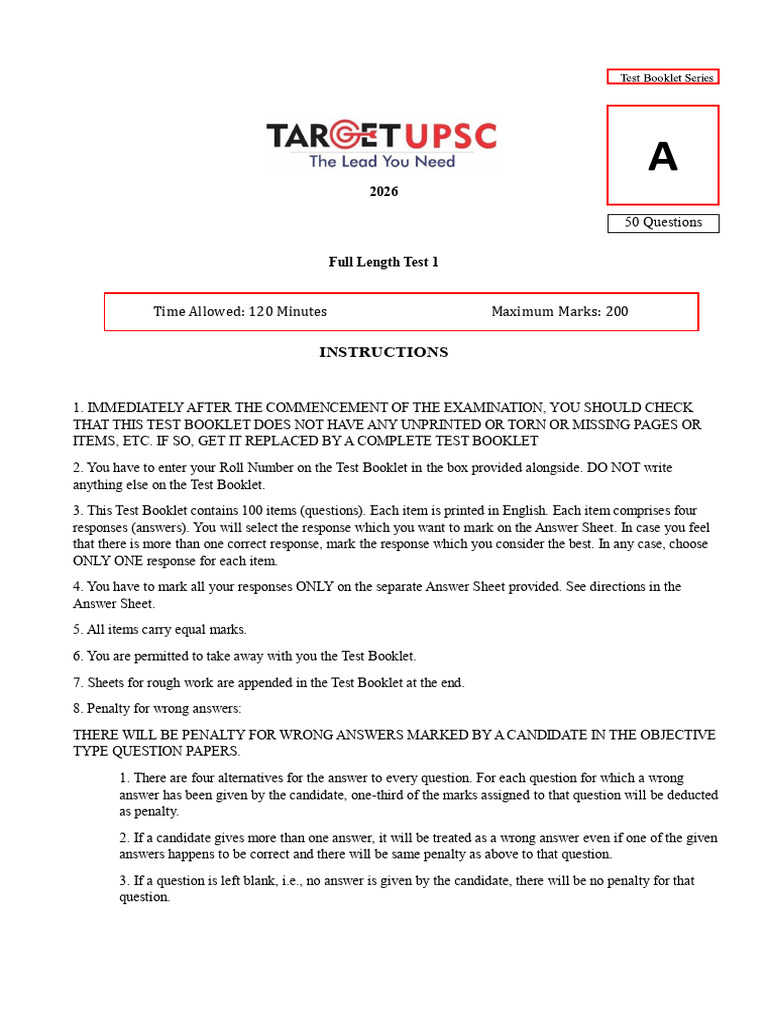 Full Length Test 1- Question Paper 2026 | PDF | Reserve Bank Of India