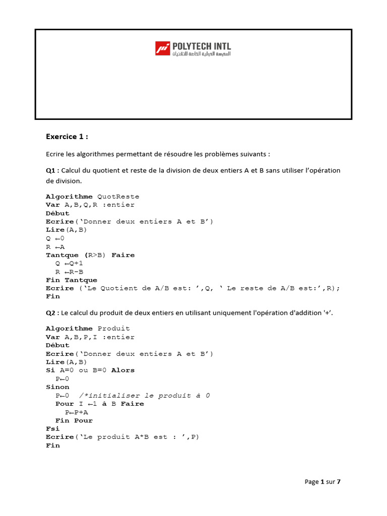 TD2_ algorithmique_corrigé | PDF | Mathématiques appliqués | Algorithmes