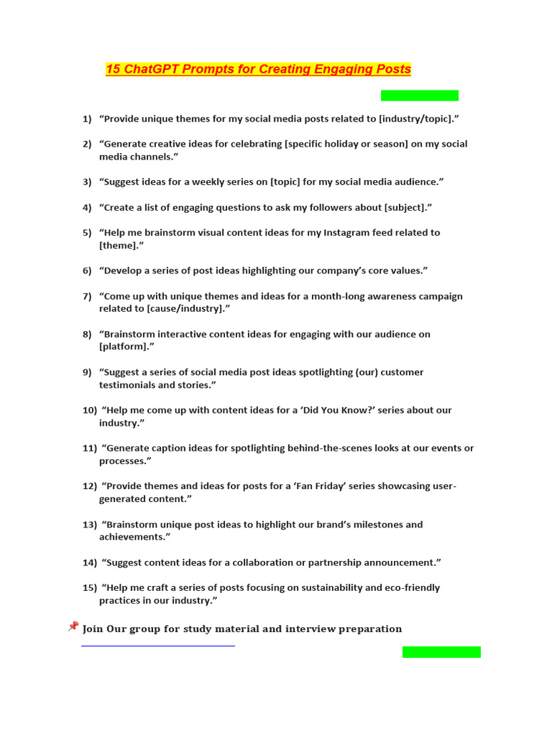 15 ChatGPT Prompts for Creating Engaging Posts | PDF