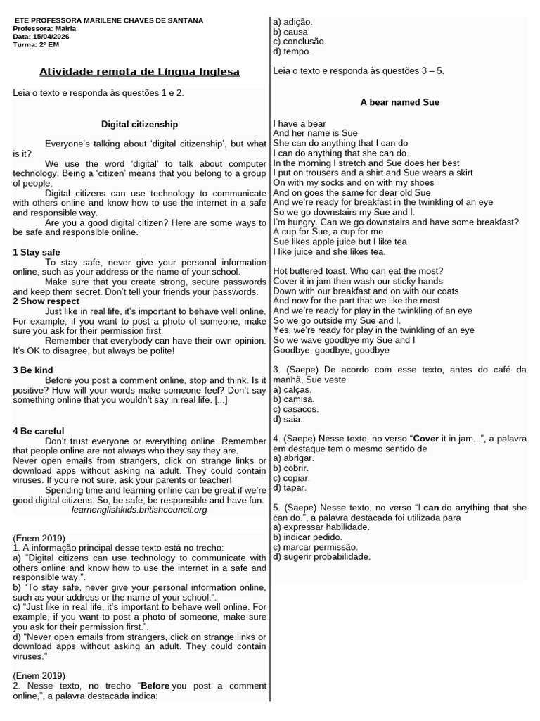 Atividade Remota de Ingles 2º Ano | PDF