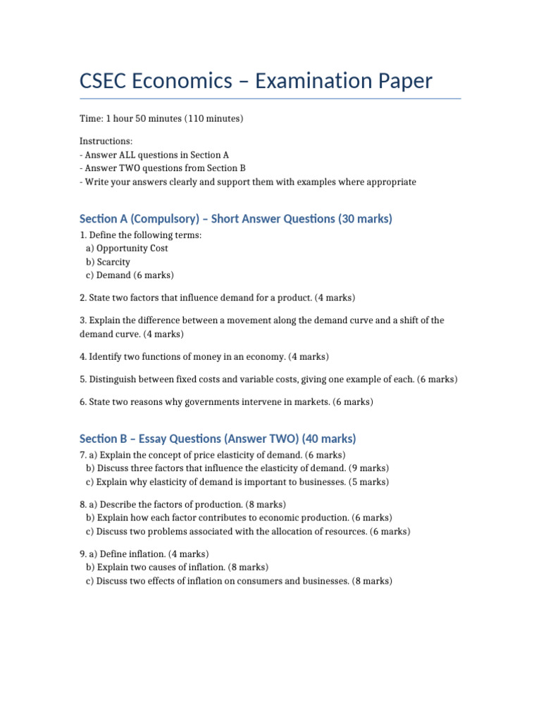 CSEC Economics Question Paper | PDF