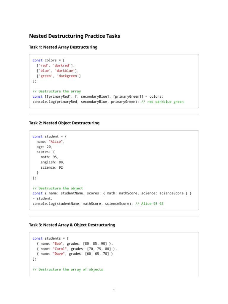 Nested Destructuring Practice | PDF