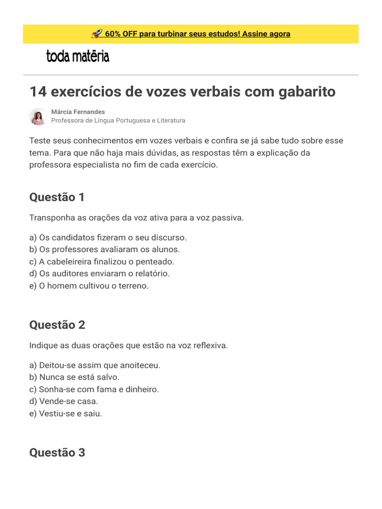 14 Exercícios de vozes verbais com gabarito - Toda Matéria | PDF ...