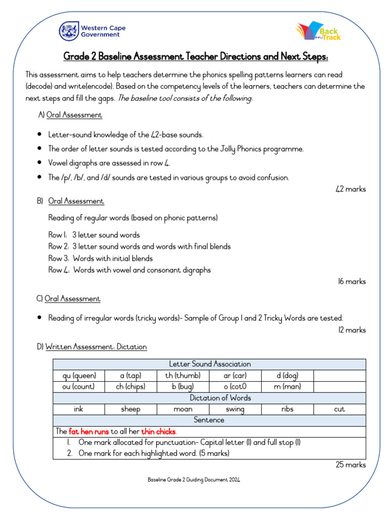 Grade 2 Baseline Assessment Guiding Document | PDF | Phonics | Linguistics