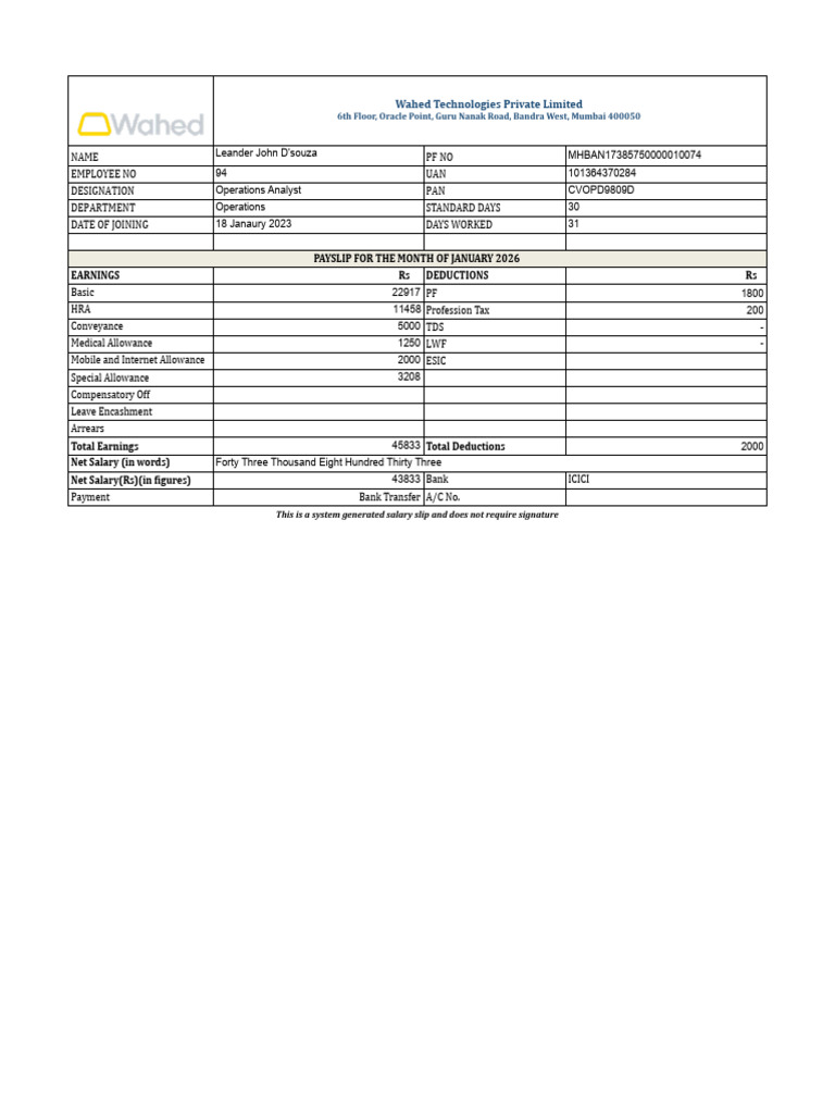 Leander John D'Souza Sal Slip | PDF