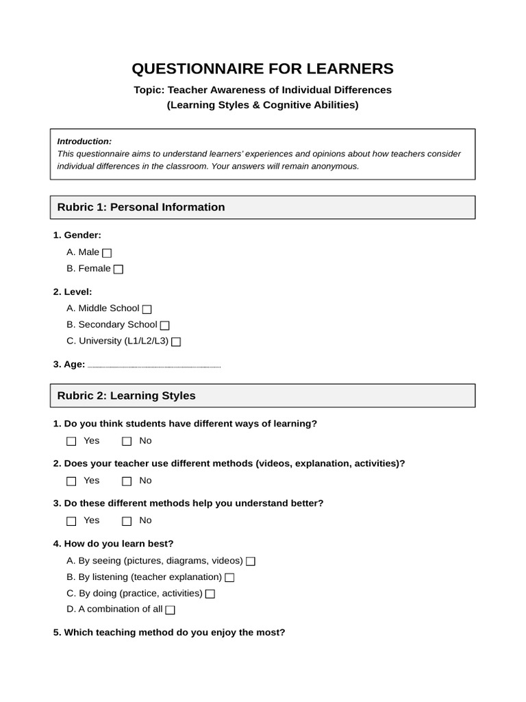 Learner Questionnaire v6 | PDF