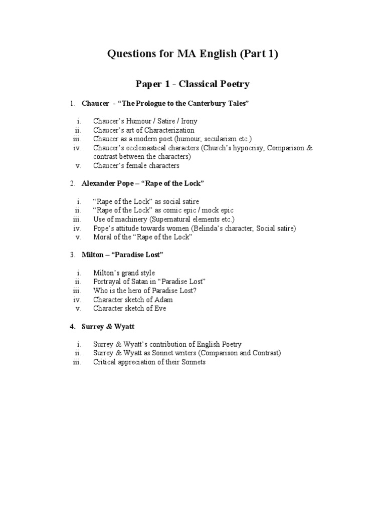 MA English Part 1 Question Paper Guide | PDF | Satire | Paradise Lost