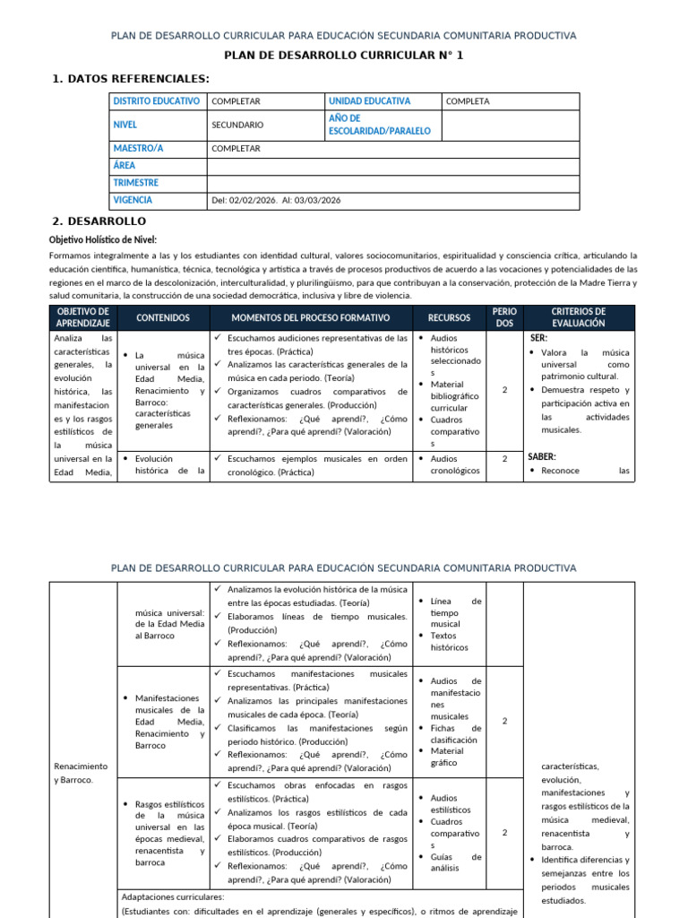 6TO MUS - 1ER TRIM planificación curricular | PDF | Plan de estudios ...