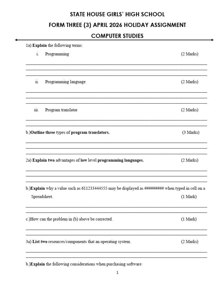 Form 3 April 2026 Holiday Assignment | PDF | Computer Programming ...