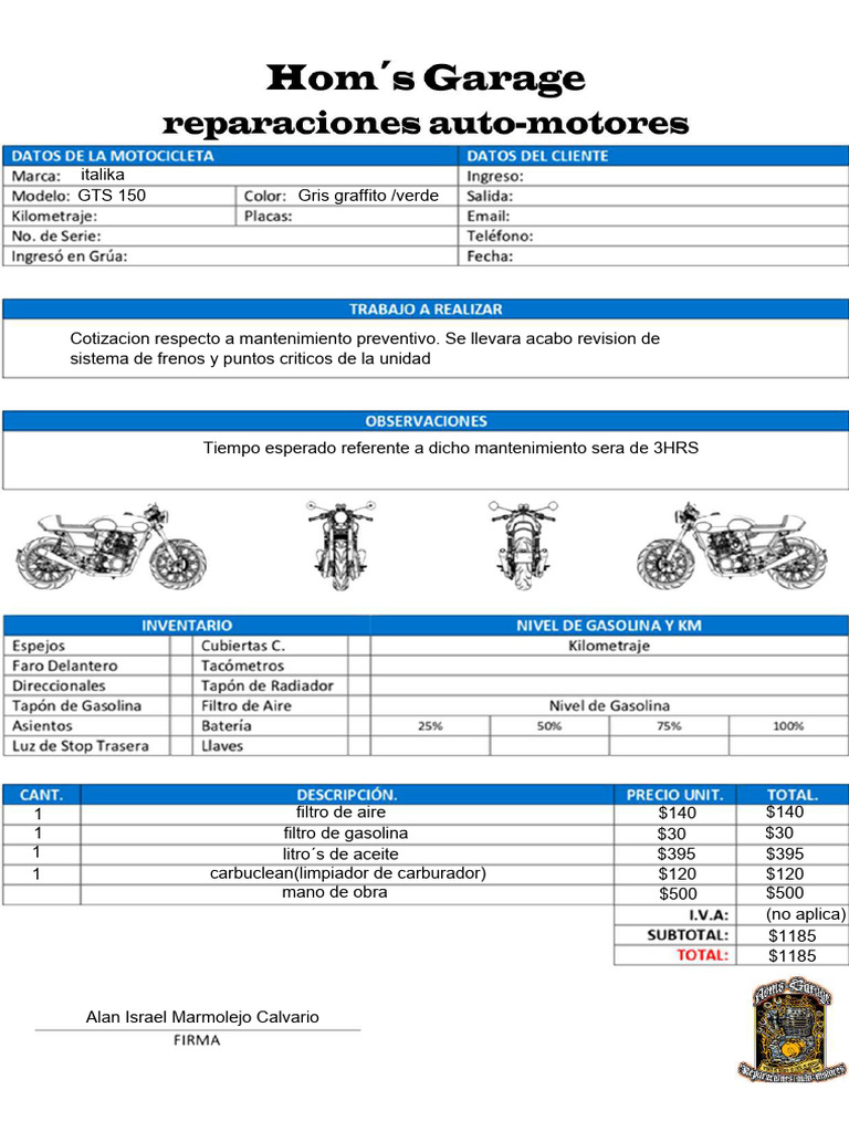 Hoja de Servicio Moto (1) | PDF