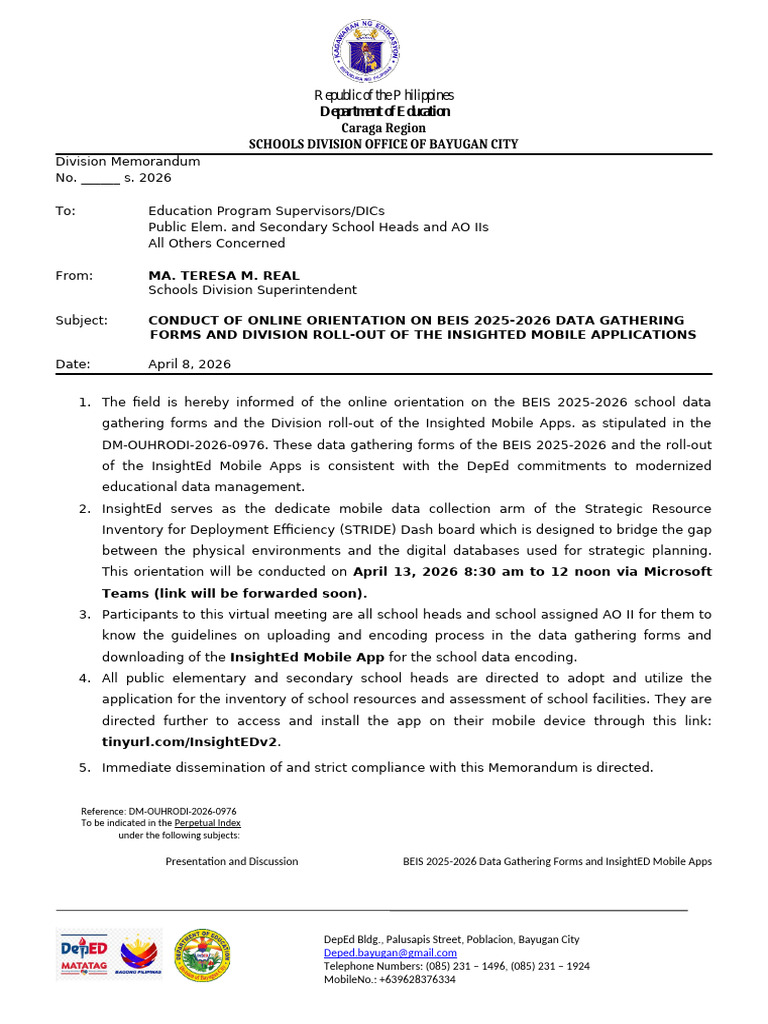Memo For Conduct of Orientation On BEIS 2025 2026 and Stride Insighted ...