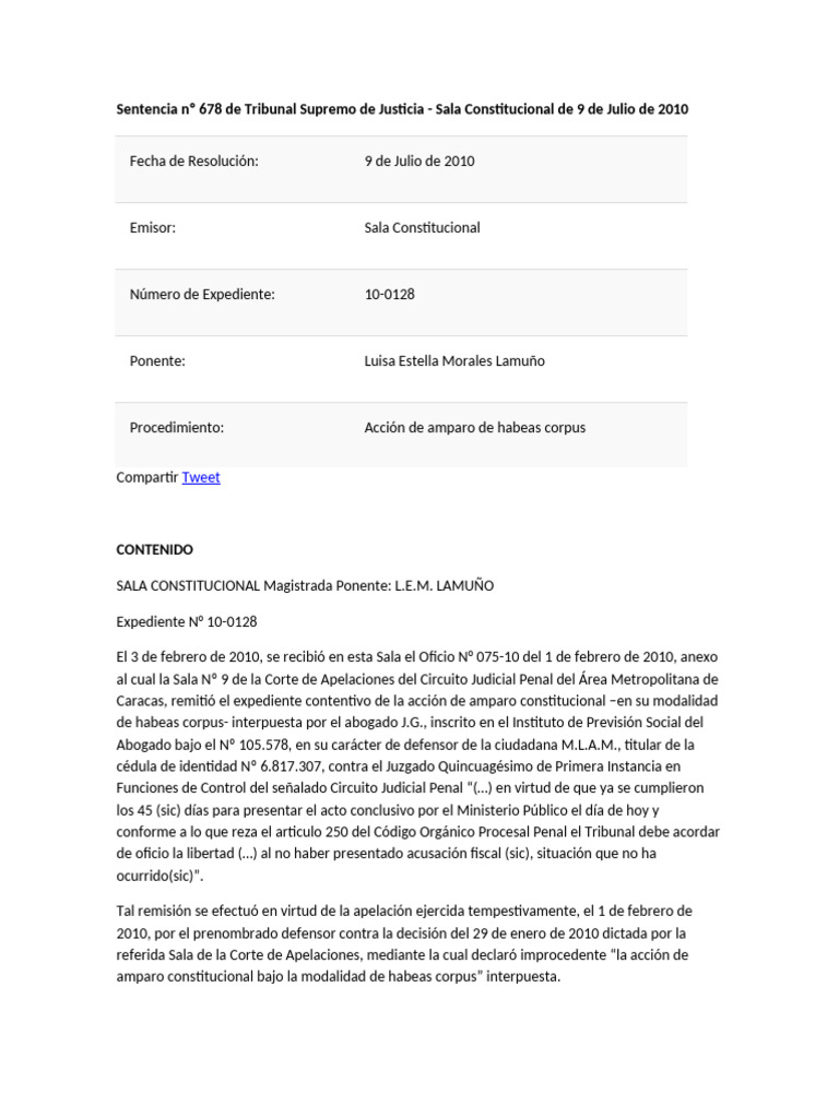Sentencia Nº 678 de Tribunal Supremo de Justicia | PDF | Habeas corpus ...