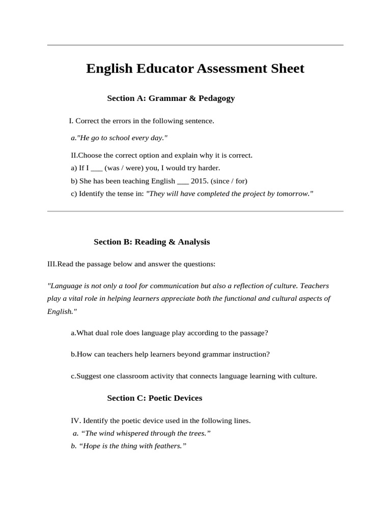English Educator Assessment Sheet | PDF