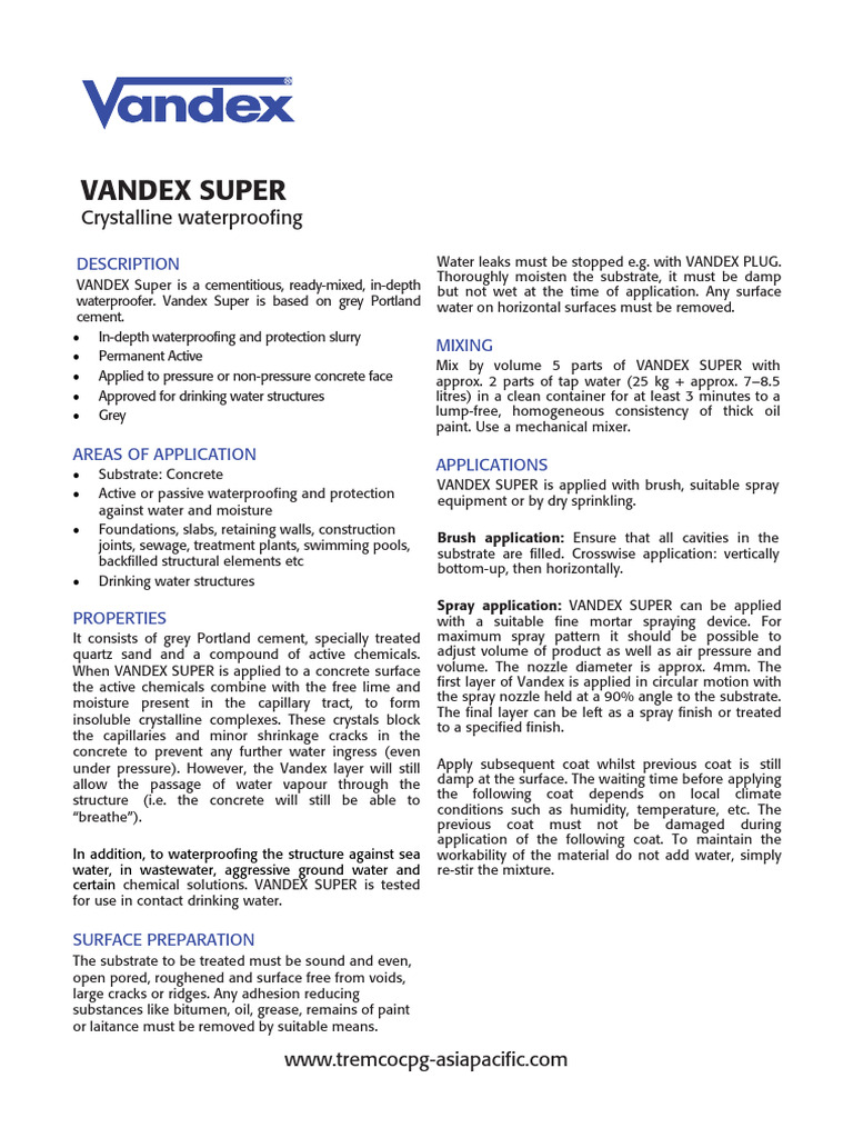 TDS - Tremco CPG APAC - Vandex Super - 2025 | PDF | Concrete | Water