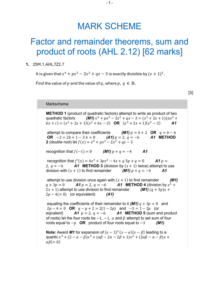AAHL 2.12 Factor and Remainder Theorems, Sum and Product of Roots ...