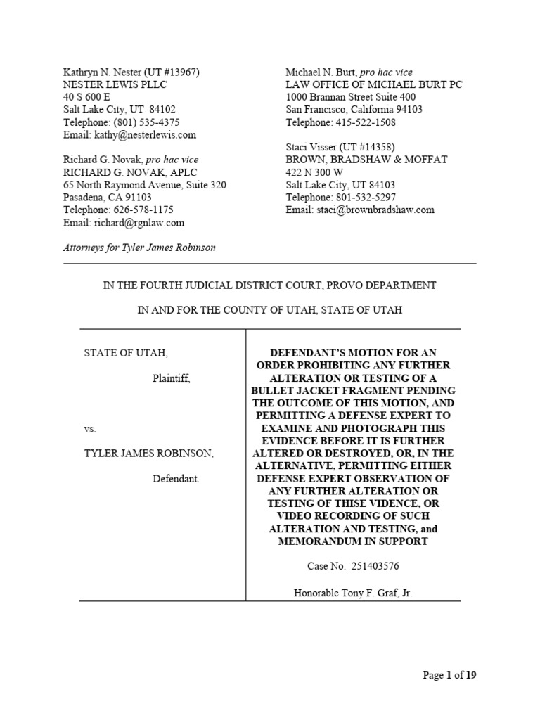 Tyler Robinson January 9 motion to prevent further testing of bullet ...