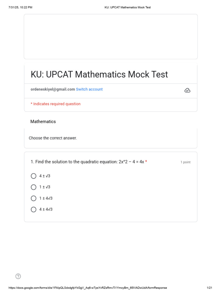 KU_ UPCAT Mathematics Mock Test | PDF | Area | Cartesian Coordinate System