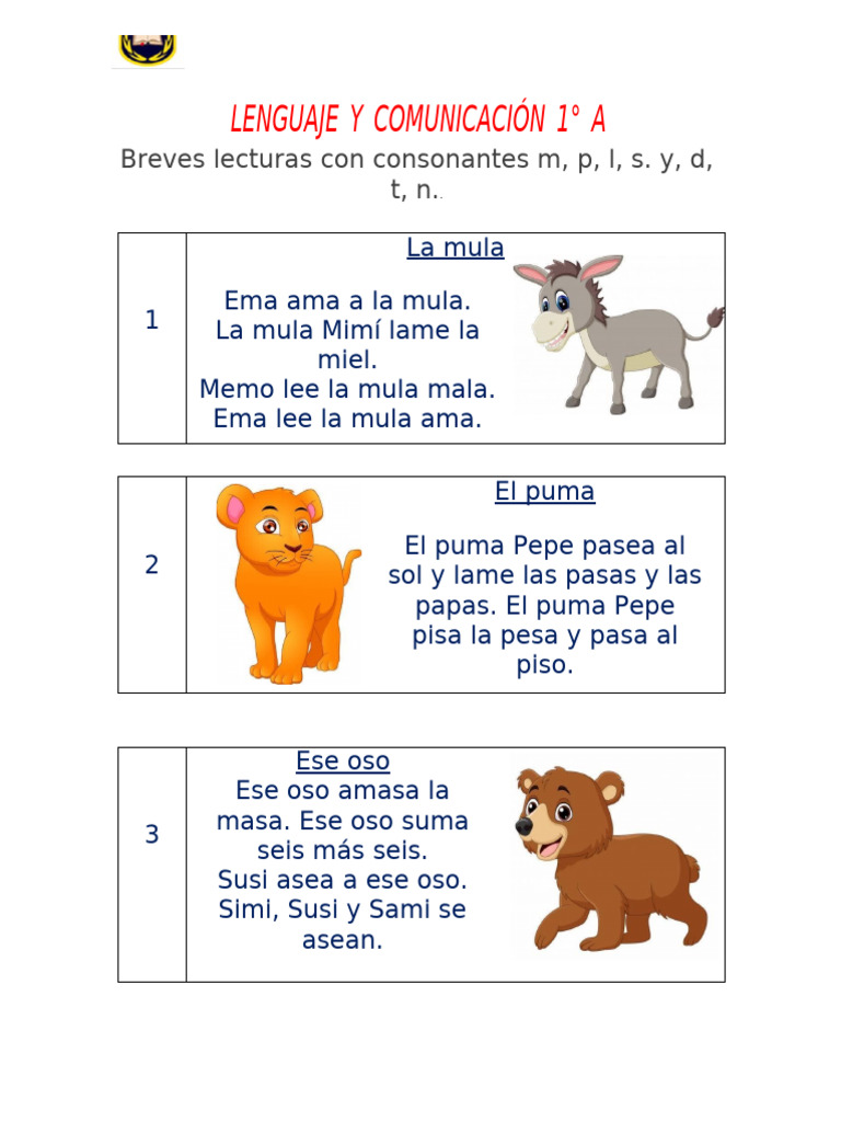 Lecturas Breves Consonantes M P L S D T N | PDF