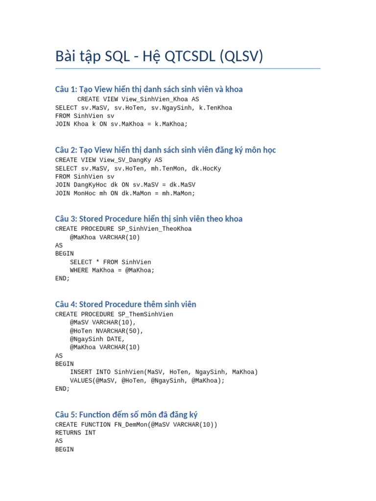 Bai Tap SQL Qlsv | PDF