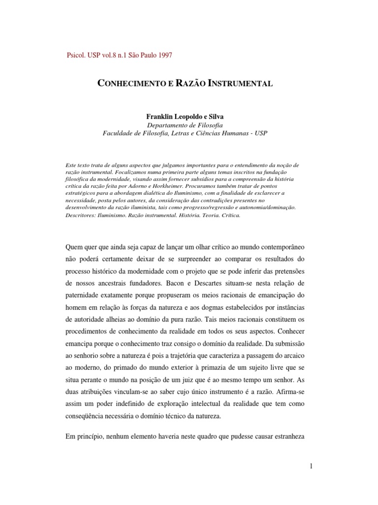 Franklin Leopoldo e Silva - Adorno, Conhecimento e Razão Instrumental ...