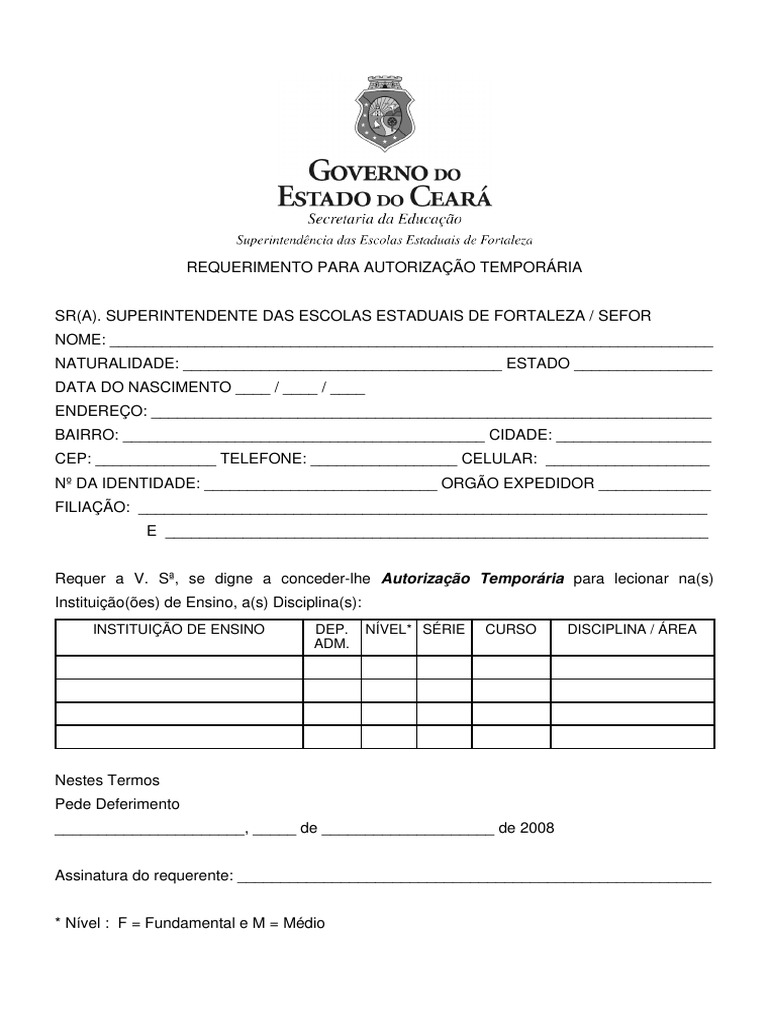 Requerimento Autorizacao Temporaria Sefor | PDF