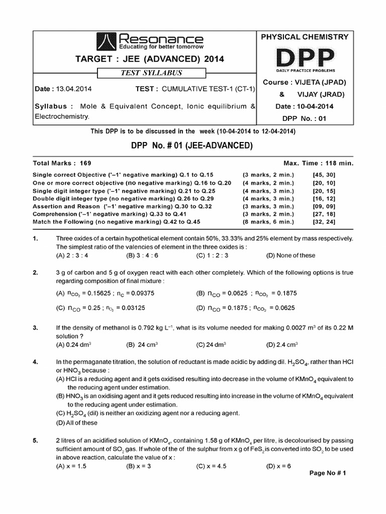 Chemistry DPP 1 (JP & JR) Advanced | PDF