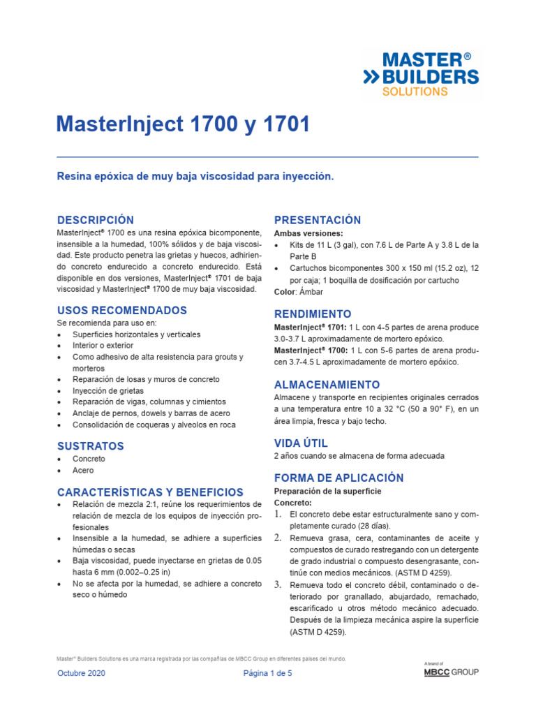 Masterinject 1700 1701 Ficha Tecnica | PDF | Hormigón | Perforación