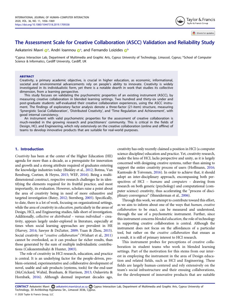 The Assessment Scale for Creative Collaboration (ASCC) Validation and ...