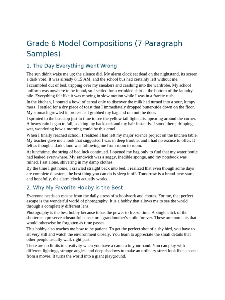 grade 6 Compositions | PDF | Homework