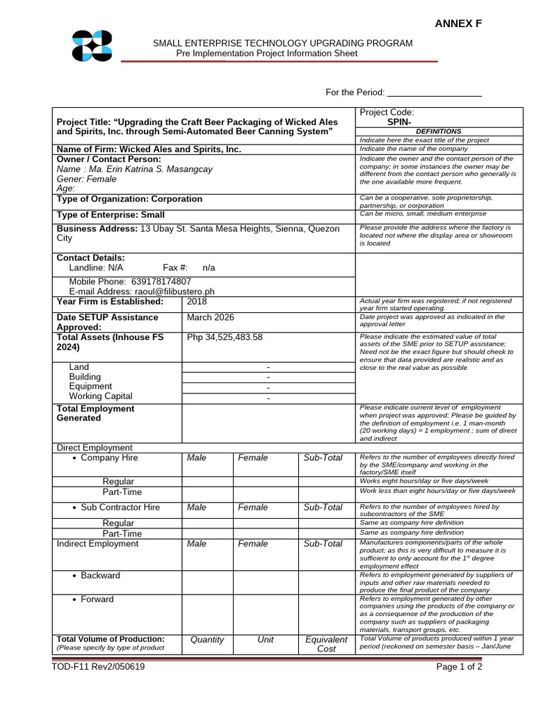 z_ANNEX F_Pre-PIS Form_rev2_Wicked Ales | PDF | Employment | Economies