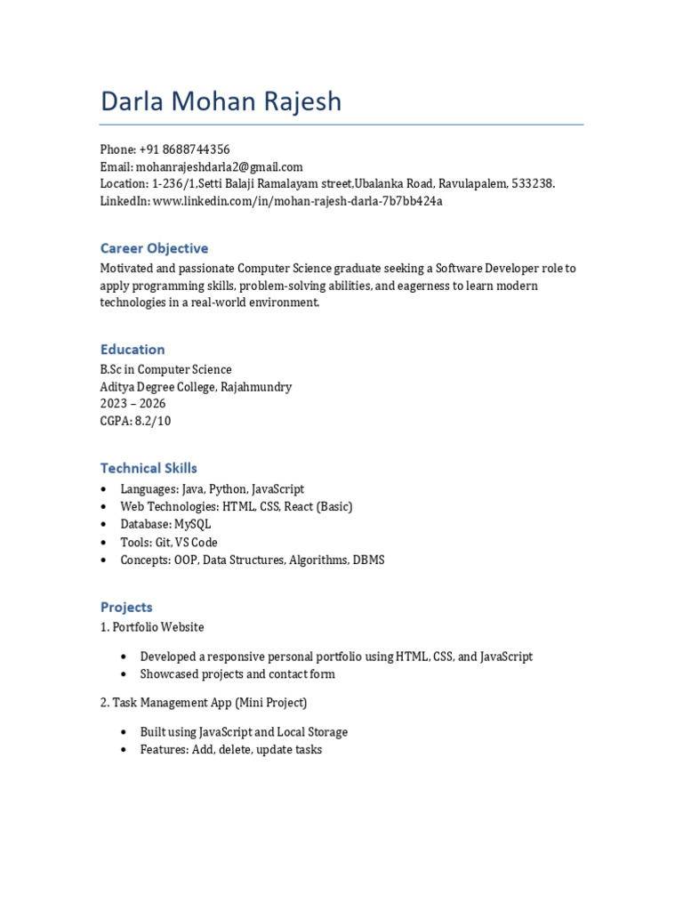 Darla Mohan Rajesh Resume SDE | PDF