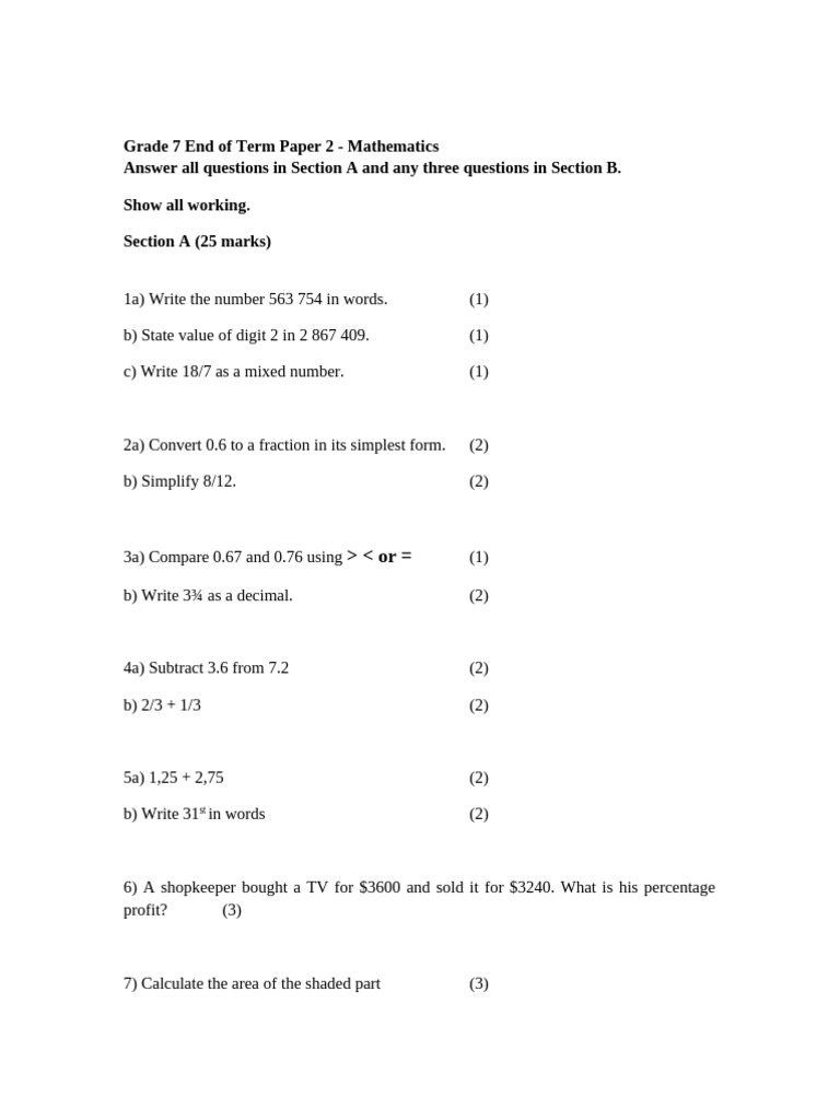 Grade 7 Mathematics End of Term 1 Paper 2 2026 | PDF | Discrete ...