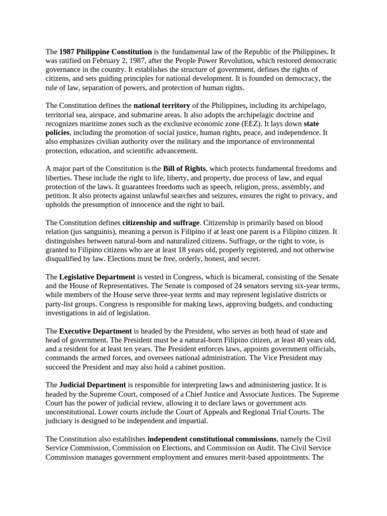 Philippine Constitution 1987 Summary | PDF | Presidents Of The United ...