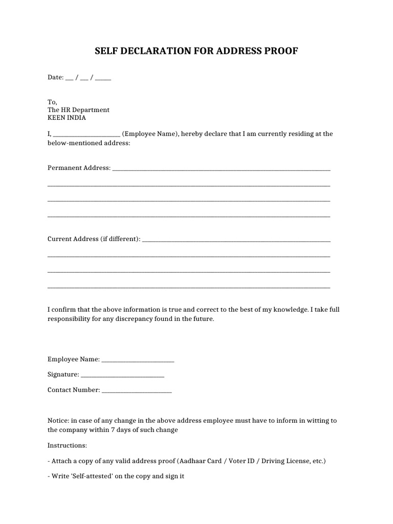 Address Proof Self Declaration | PDF