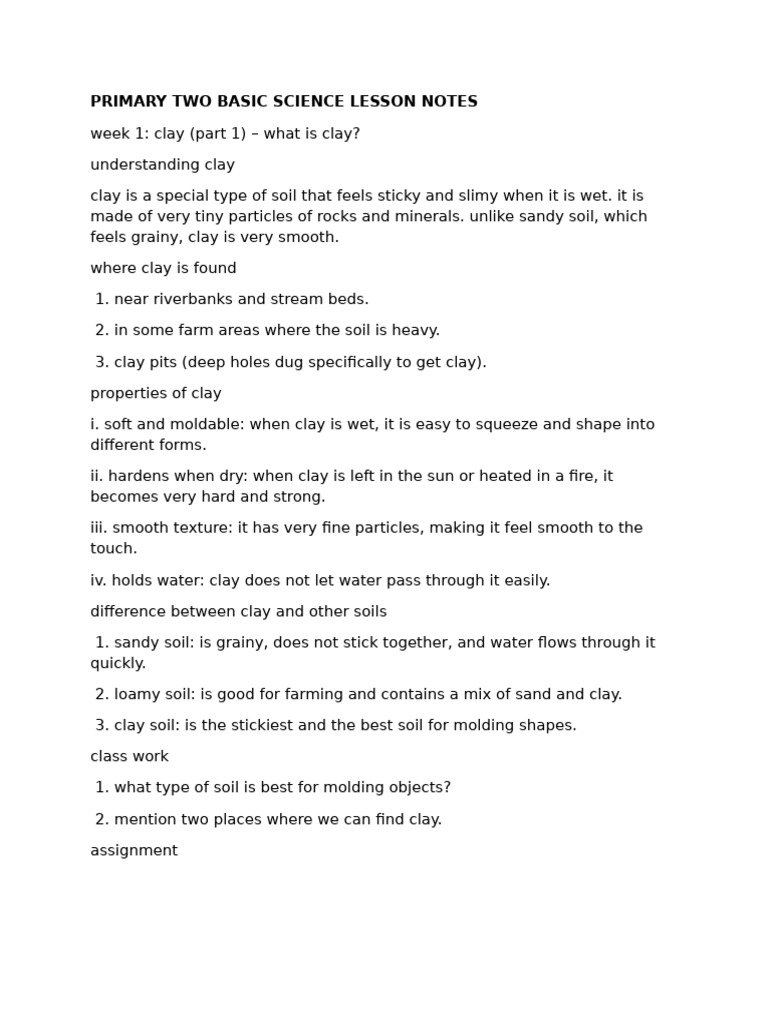 Primary 2 Third Term Basic Science Lesson Notes | PDF | Pottery | Clay