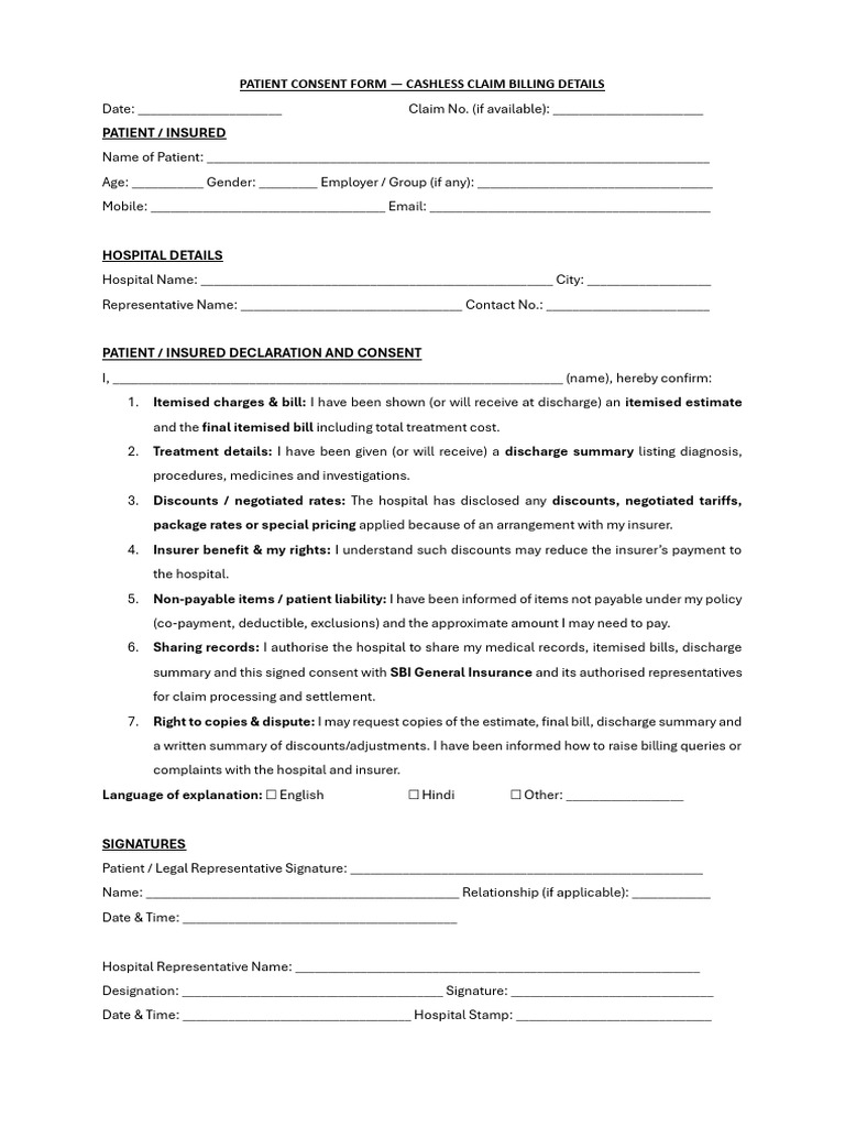 Consent Form for Patient Informed on Cashless Billing | PDF | Insurance ...