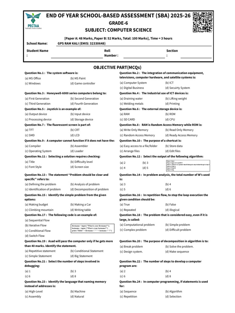 Final Paper Mcqs - Pectaa Final Term 2025-26 (15) | PDF | Random Access ...
